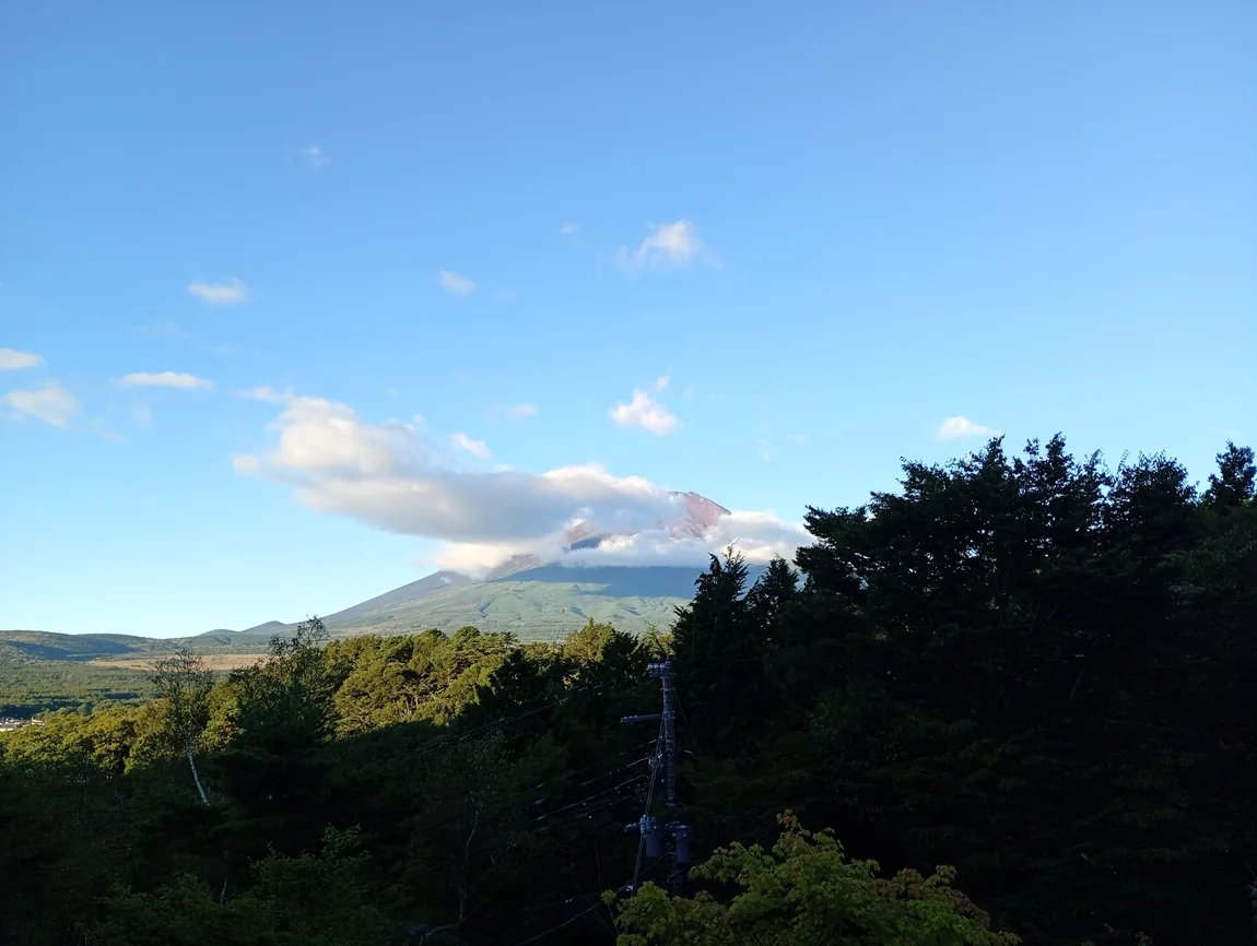 青空と雲、森の向こうに富士山が見える風景