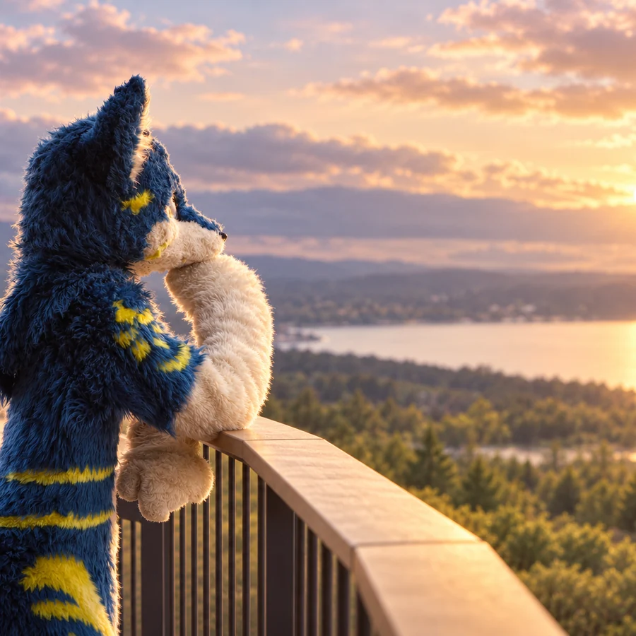 青と白の獣人が夕暮れの湖と森を眺める、みにろっじのイメージビジュアル