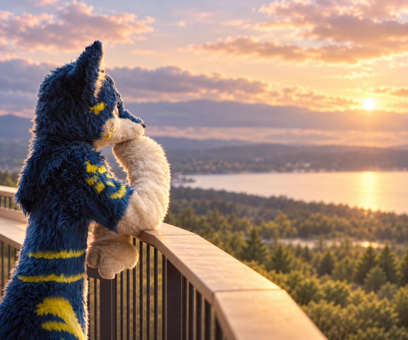 青と白の獣人が夕暮れの湖と森を眺める、みにろっじのイメージビジュアル